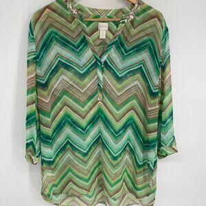 Chico's Top Women Large Green Semi-sheer Watercolor Lightweight Electric Grandma